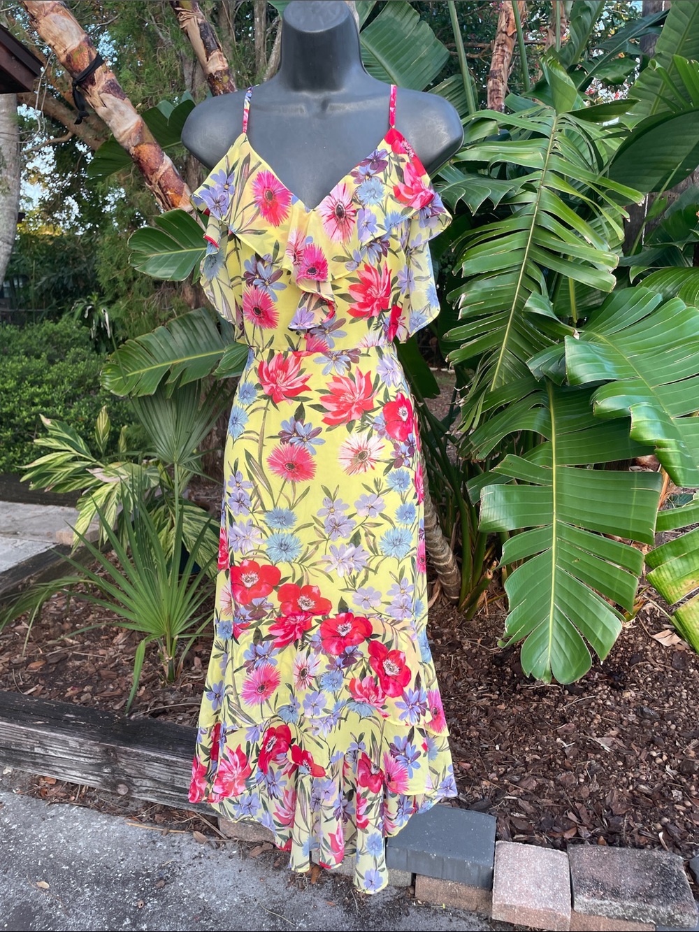 ruffle off the shoulder, high, low bright, yellow floral dress